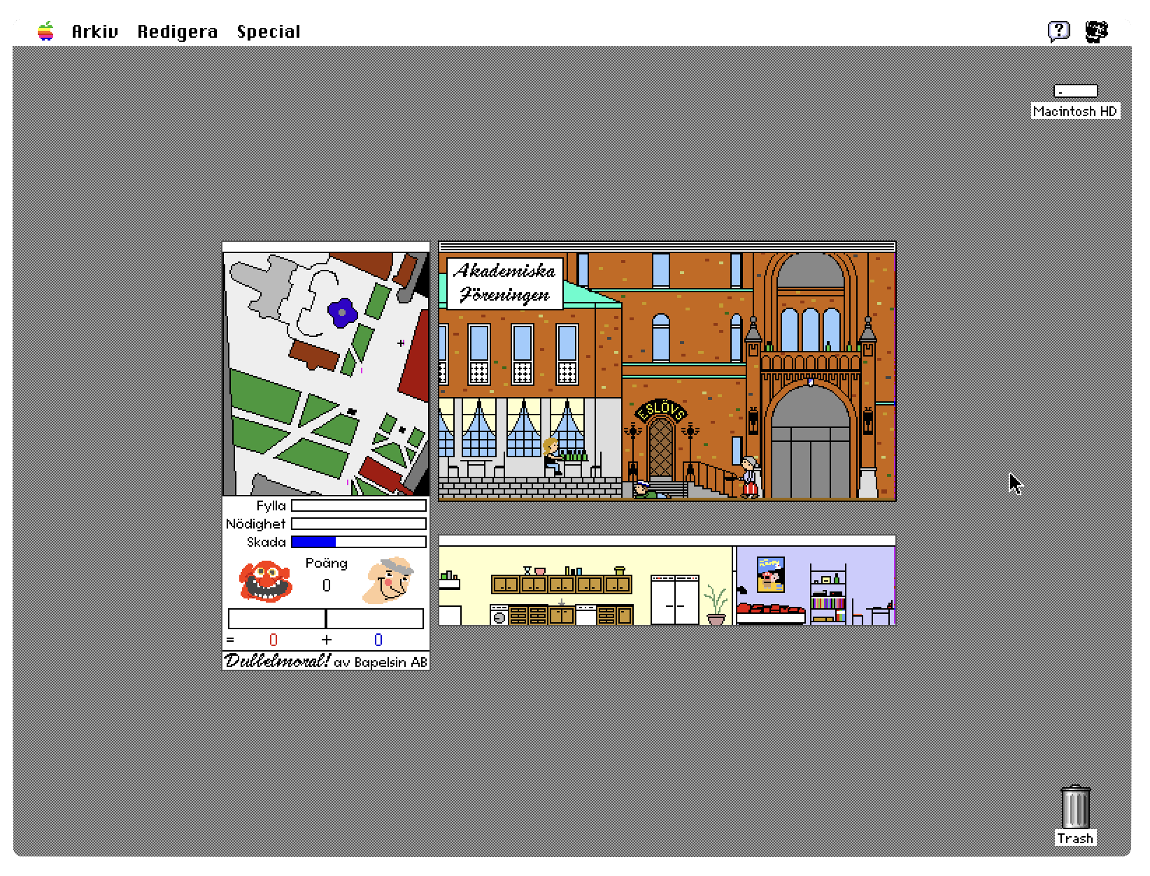 Retro Mac-skärm som kör originalspelet Dubbelmoral!